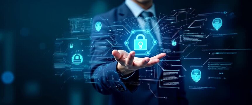 Business professional holding a digital lock icon, symbolizing cybersecurity and data protection; camera slowly pans across a futuristic, digital interface in a cinematic style.
