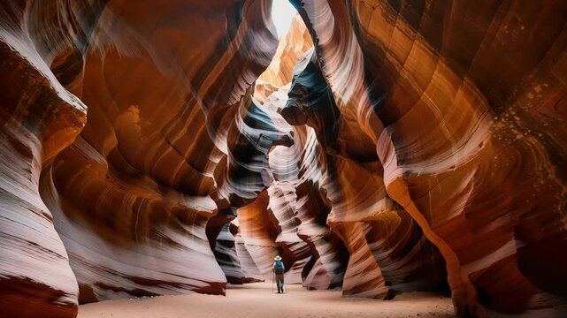 Hiker Walking Through Majestic Sandstone Slot Canyon With Sunlit Curves