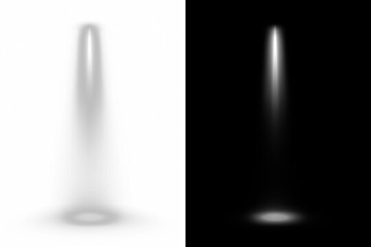 Thin, white and gray spotlight beam in the form of a barrel on a split background with transparent PNG and a dark side. Elegant light arrow effect.