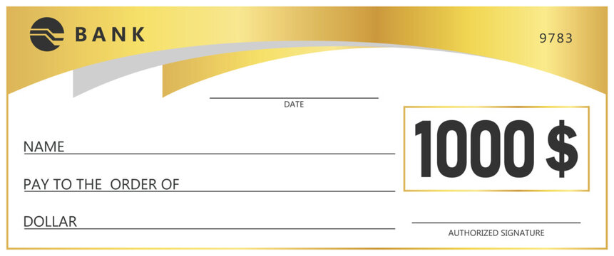 Golden check template. Blank banking check for payment, donation, or prize. Elegant gold wave design on white background. Financial business concept for gift or reward.