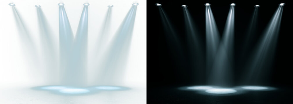 Six projectors emitting white-blue light downward on split background with transparent PNG and dark side. Dynamic stage lighting effect.