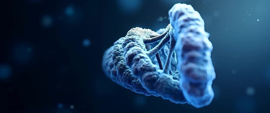Cinematic DNA helix gently rotates as the camera slowly pans, with ambient particles drifting in a scientific lab atmosphere, highlighting genetic research and biotechnology innovation.