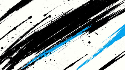 Dynamic abstract background with black and blue diagonal paint strokes and splatters on a white canvas, creating a grunge artistic effect.