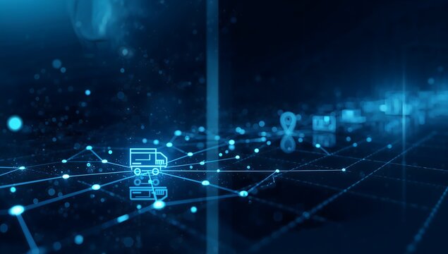 Smart logistics tracking with truck icon on digital grid network