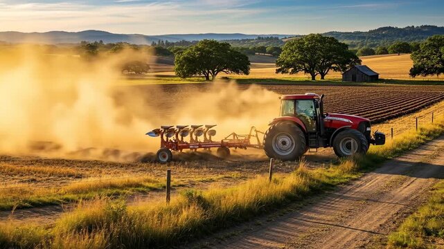 Plowing Field with Tractor in Golden Hour Rural Landscape