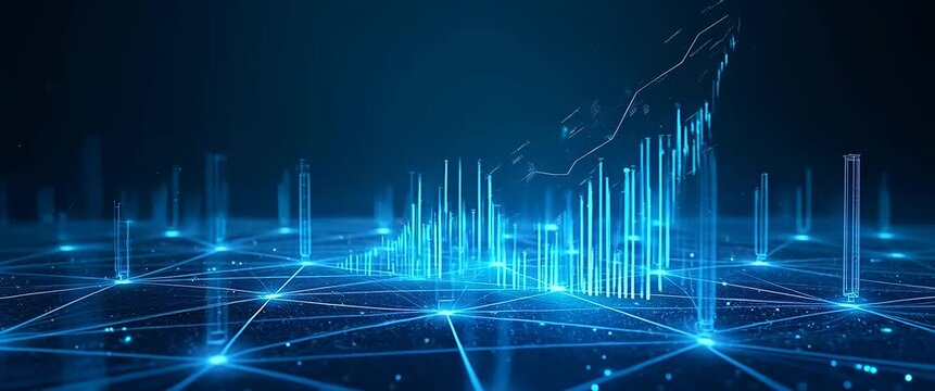 Futuristic digital network graph rises dynamically with data points, as the camera smoothly pans across a glowing blue grid in a cinematic style, showcasing technology and innovation.