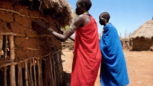 African Tribesmen Building Traditional Village Huts Rural Life