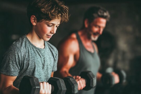 Father and teenage son exercising together with dumbbells in home gym Generative AI