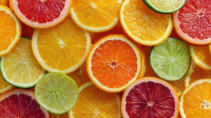 Fototapeta premium A vibrant display of colorful citrus fruit slices including oranges, lemons, and grapefruits.