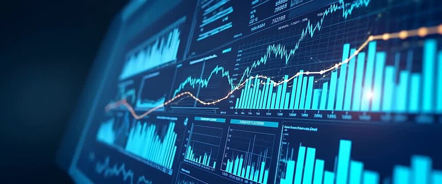 Dynamic financial charts animate with data flow, while the camera slowly pans across a digital interface, showcasing a futuristic, cinematic stock market analysis.