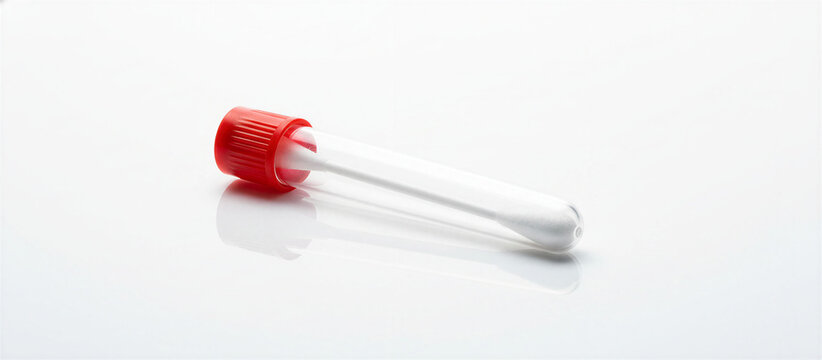 Medical test tube with red cap and sterile cotton swab laying on white surface