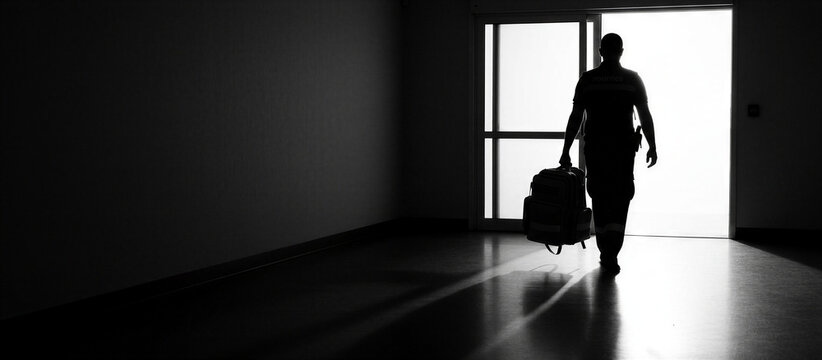 Paramedic silhouette carrying medical bag walking toward bright doorway in dark hospital corridor