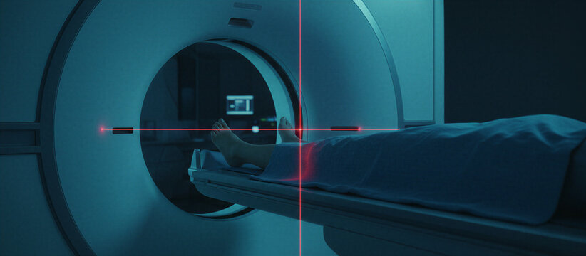 Magnetic resonance imaging scanner with patient lying on table during medical examination in dark hospital room