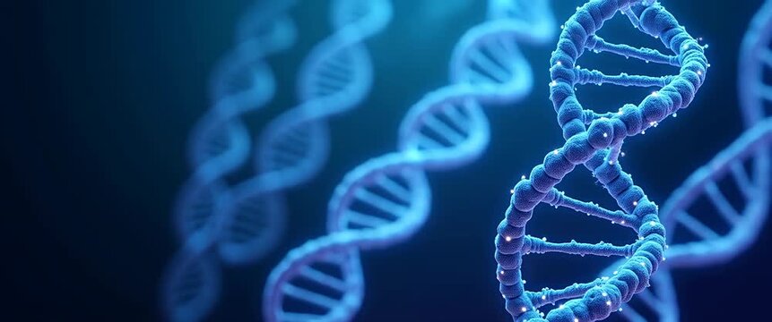 Cinematic close-up of a DNA helix gently rotating in soft ambient light, with a slow camera pan revealing its intricate molecular structure, ideal for science and biotechnology concepts.