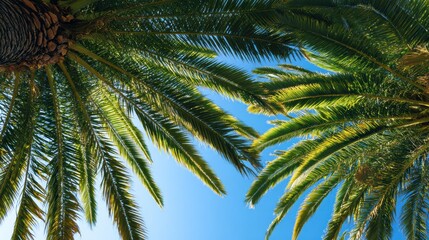 Fototapeta premium A vibrant view of palm leaves against a clear blue sky, showcasing tropical beauty and lush greenery.