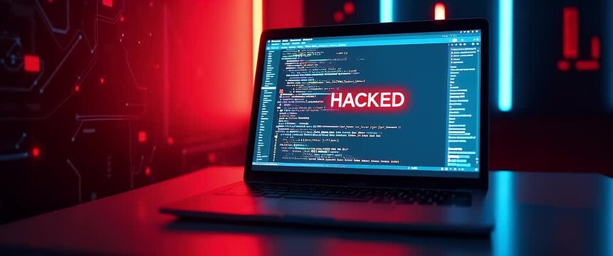 Laptop screen displays Hacked warning in a dimly lit room; camera slowly pans across with ambient lights flickering, creating an intense, cinematic cybersecurity breach scene.