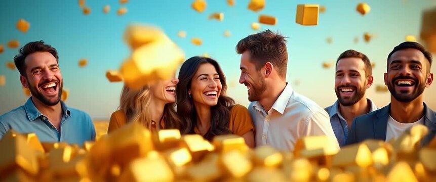 Joyful group celebrates amidst cascading gold bars, captured in a cinematic slow-motion sweep, with ambient light flickering softly, highlighting radiant smiles and festive energy.