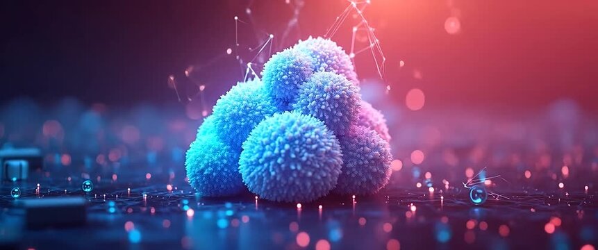 Futuristic nanotechnology cluster vibrates on a digital surface as the camera slowly pans, revealing a cinematic, high-tech landscape with ambient lights flickering in a sci-fi ambiance.