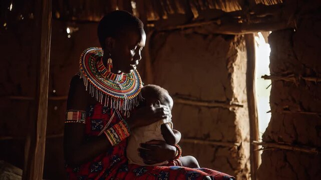 African Mother and Child Traditional Beads Rural Lifestyle Portrait
