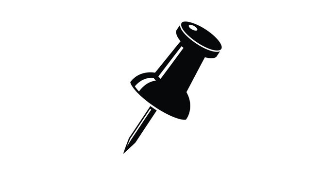 A simple black silhouette of a push pin on a white background