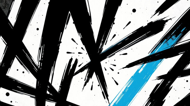 Abstract background with dynamic black brush strokes and a striking blue accent on a white canvas.