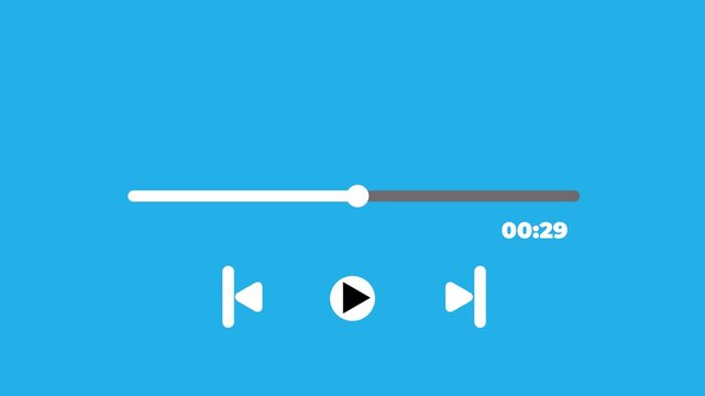 Audio music player timeline bar moving with track animation on blue background, 0 to 60 minutes music player animation multimedia concept icon.
