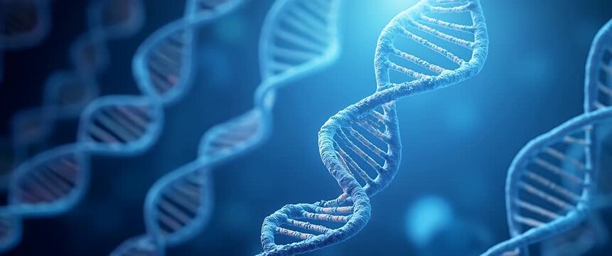 DNA helix gently rotates against a soft blue bokeh backdrop, as the camera smoothly pans, creating a cinematic exploration of genetics and biotechnology innovation.