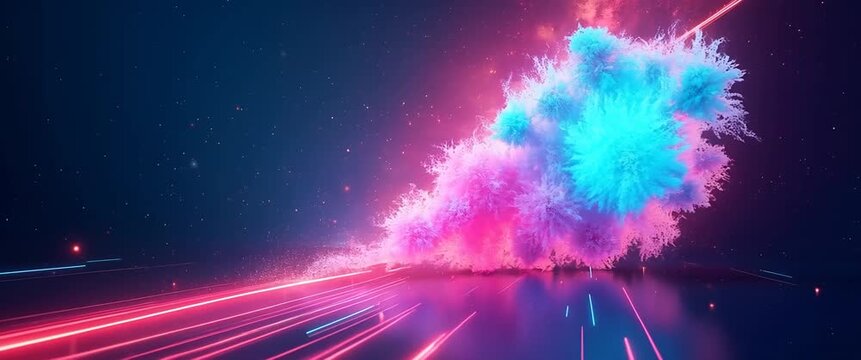 Futuristic fractal cloud formation expands dynamically, while the camera smoothly pans across a vibrant digital galaxy backdrop, in a mesmerizing, cinematic style.