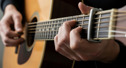 Obraz premium Fingers fretting acoustic guitar strings with a capo, creating melodic tunes and practice