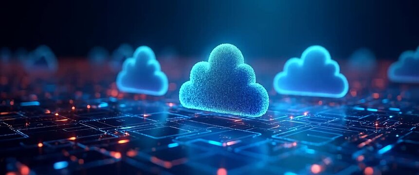 Futuristic cloud icons gently hover over a glowing circuit board as the camera smoothly pans, creating a cinematic exploration of digital technology and innovation in a vibrant, high-tech setting.