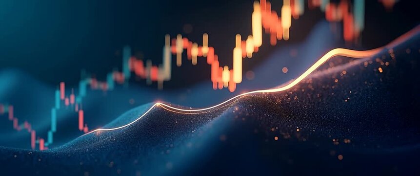 Cinematic stock market data visualization with dynamic graph movement, slow camera pan, and ambient city skyline blur, perfect for financial analysis and economic trends content.