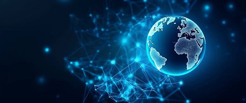 Futuristic digital globe with data charts illuminates, as camera gently pans across a glowing technological landscape; cinematic style highlights innovation, technology, and global connectivity.