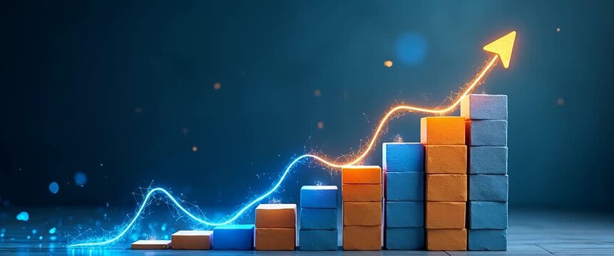 Dynamic growth visualization with digital arrow ascending over colorful blocks, as camera slowly pans, light particles dance, and ambient glow enhances a futuristic, cinematic scene.