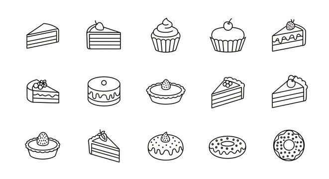 Minimalist Cake and Cupcake Line Art Icon Collection: Sweet Bakery Dessert Vector Set