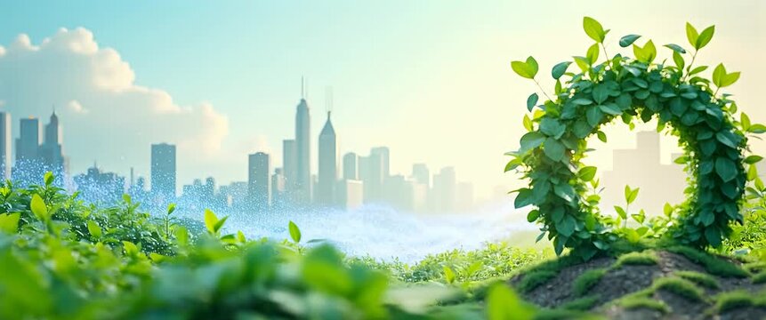 Lush greenery sways gently in the foreground as the camera pans slowly toward a distant city skyline, capturing the serene blend of nature and urban life in a cinematic style.