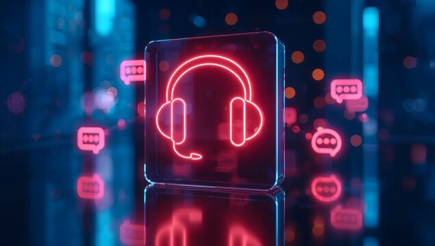 Neon headset icon in glass box for customer support 3d rendering