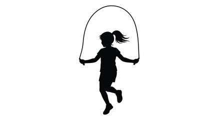 Silhouette of a young girl joyfully jumping rope in mid air