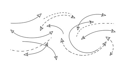 Fototapeta premium Abstract strategy flow lines with arrows, hand-drawn sketch style, minimal black ink illustration, smooth curves and motion paths, conceptual planning design, isolated on pure white background, PNG