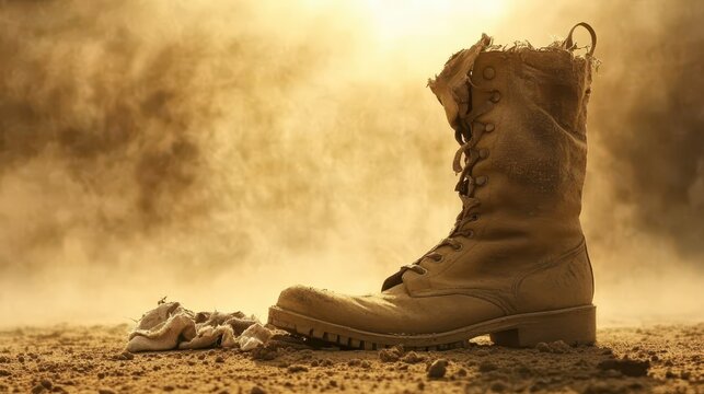 A single worn military boot discarded in dust and debris