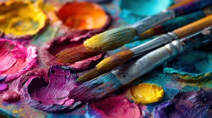 Obraz premium Close-up of paint palette with vibrant colors and brushes, showcasing a creative artistic process.