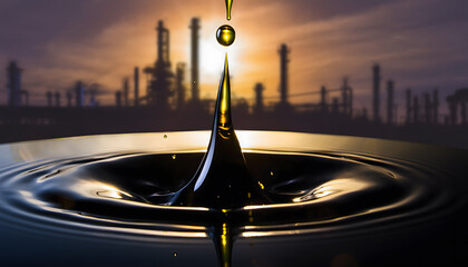 Golden oil droplet splashing into a dark liquid surface creating ripples, with an industrial refinery silhouette against a sunset sky.
