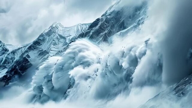 Descent of an huge avalanche from mountain, winter nature color landscape, abstract vivid composition consists of fictional unreal fantastic vision on background