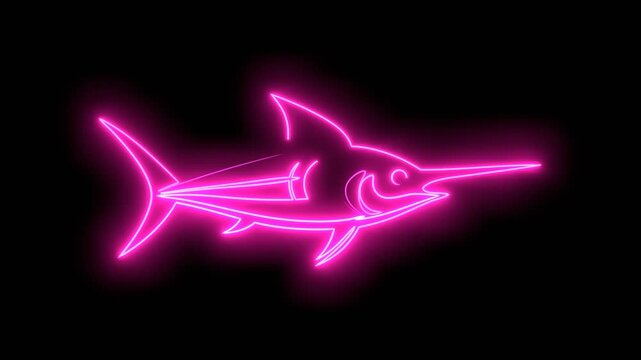 Sailfish, swordfish, marlin emblem. Seafood shop , signboard, restaurant menu, fish market design template. Fresh seafood. Fishing trophy. Neon glowing.