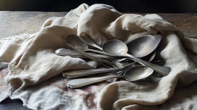 A collection of tarnished silver spoons and cutlery scattered on a textured linen cloth