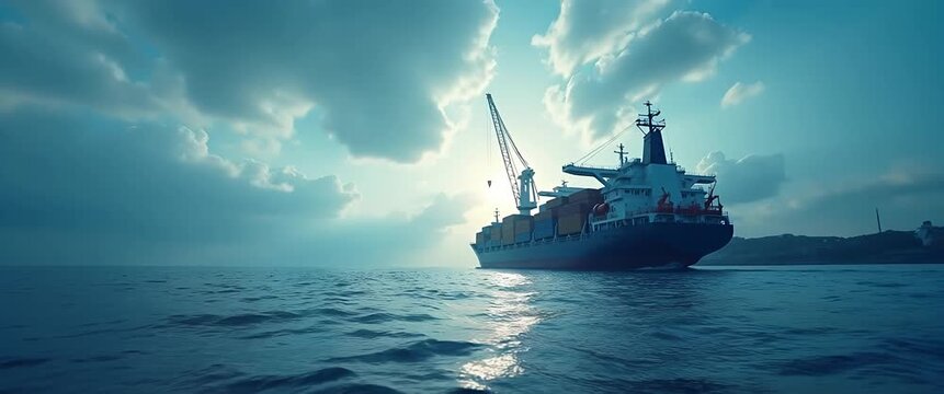 Majestic cargo ship sails through tranquil sea with gentle waves; cinematic slow pan captures dramatic sky, highlighting maritime industry and global trade, inviting exploration.