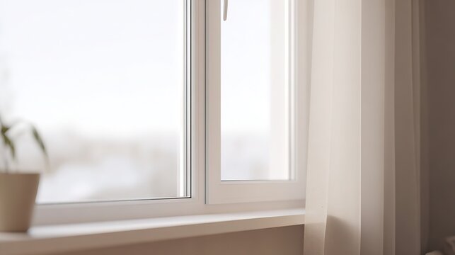 Minimalist still life focusing on texture and light. White-painted frame and sheer curtain show fine detail, dust motes add life, pure and airy