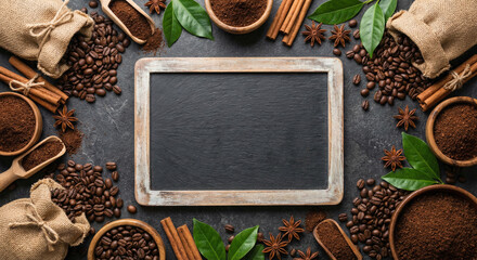 Assorted coffee and spices frame a rustic chalkboard.

