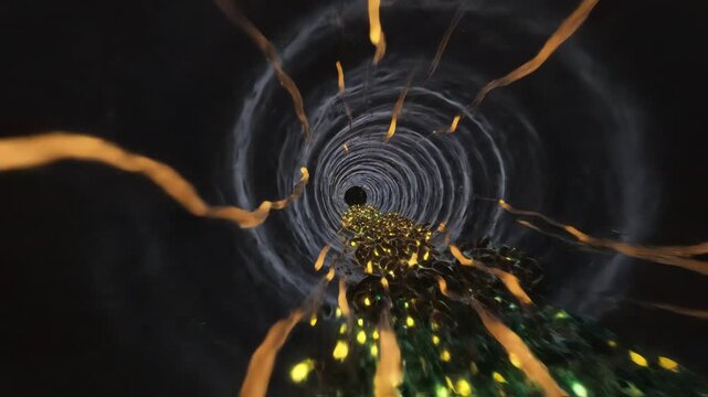 In daytime, glowing nutrient particles stream through the lumen, rapidly consumed by specific bacterial groups. At night, only faint substrate trails appear, shifting bacterial metabolism slower