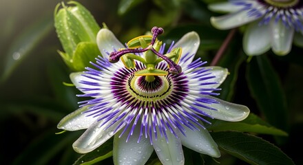 Close up of vibrant passionflower blossom with intricate petals and details