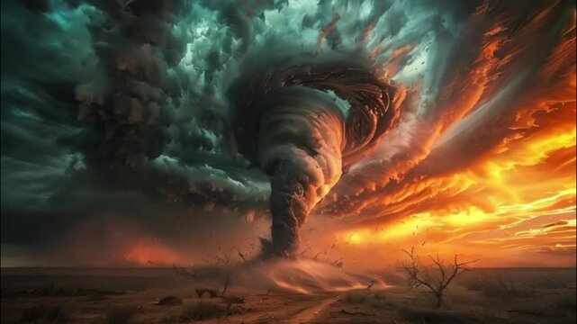 Extensive scary ominous huge hurricane tornado, apocalyptic dramatic color, abstract vivid composition consists of fictional unreal fantastic vision on background